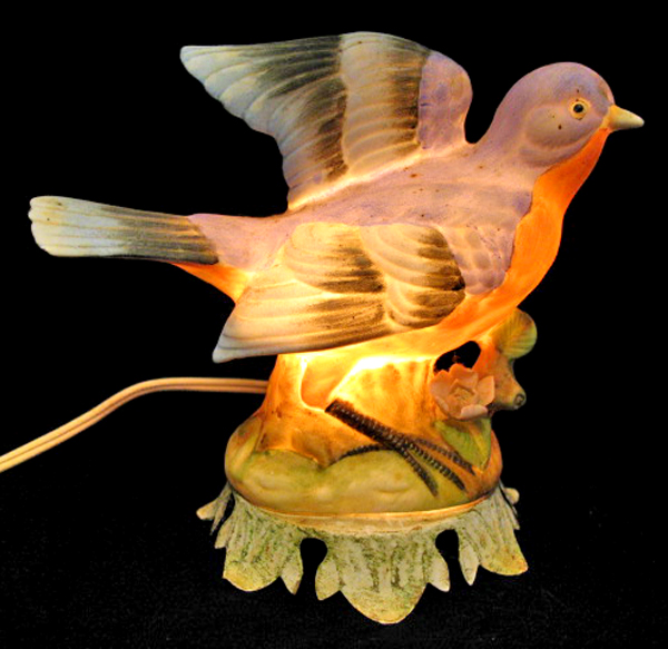 Lot 2 Vintage Glowing Bird Porcelain Night Table Electric Lamps Lights Lightings